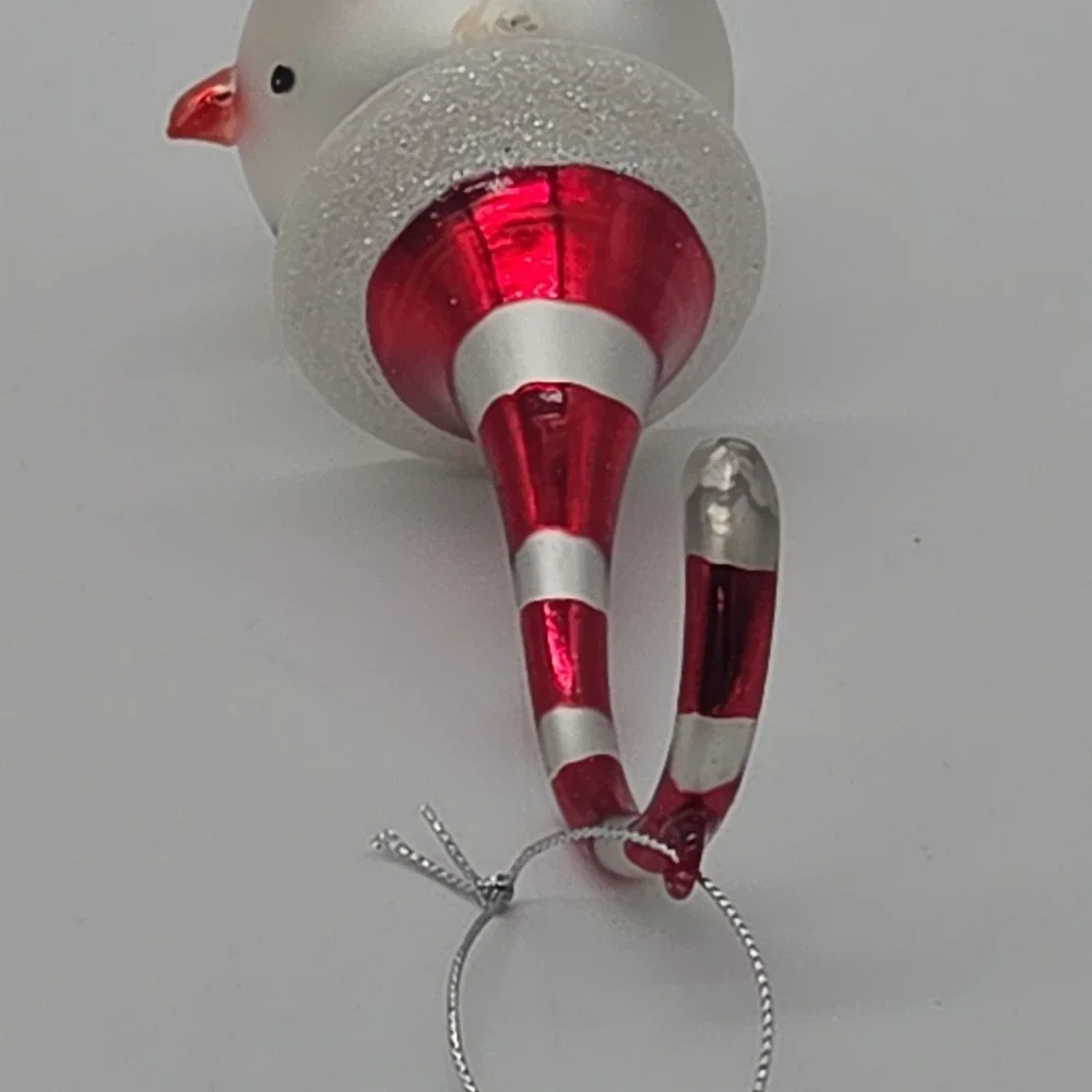 Whimsical Spiral Candy Cane Hat Red Swirl Hook Snowman Glass Ornament 6
